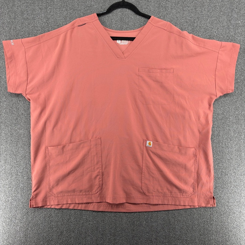 Carhartt Womens 2XL Orange Coral Force V Neck Scrub‎ Top Modern Fit Short Sleeve